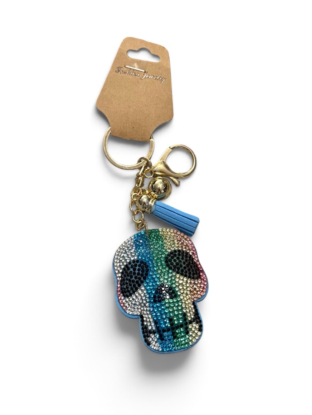 Rhinestone Rainbow Puffy Skull Keychain with Blue Tassel